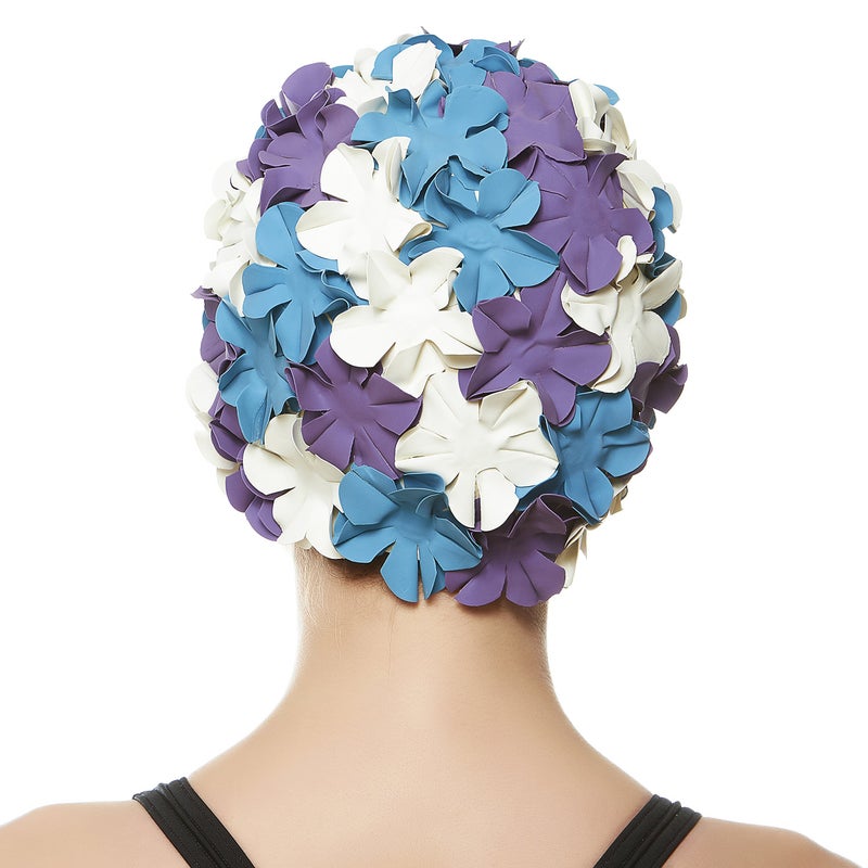 BEEMO Floral Petal Ladies Bathing Swim Cap - Purple/Blue/Whte - Image 3